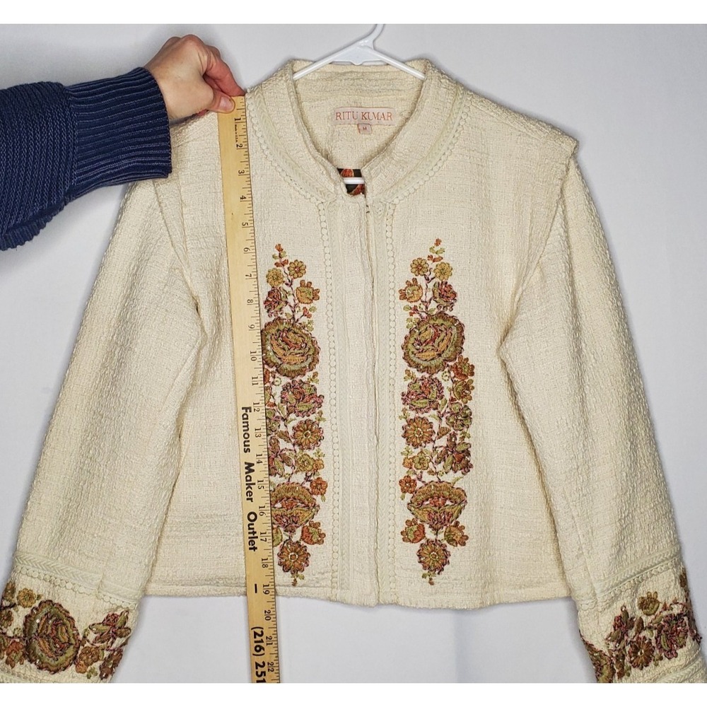 Ritu Kumar Jacket Medium Womens Woven Cream Embroidered Textured Pocket Boho - Picture 7 of 10